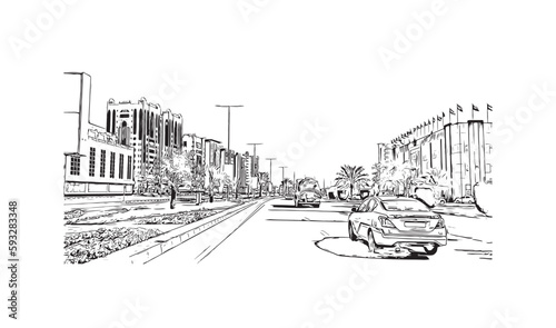 Building view with landmark of Ras Al Khaimah is the city in United Arab Emirates. Hand drawn sketch illustration in vector.
