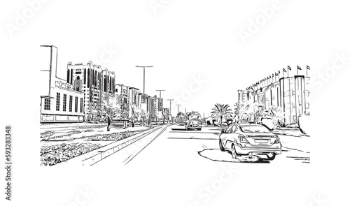 Building view with landmark of Ras Al Khaimah is the city in United Arab Emirates. Hand drawn sketch  illustration in vector.