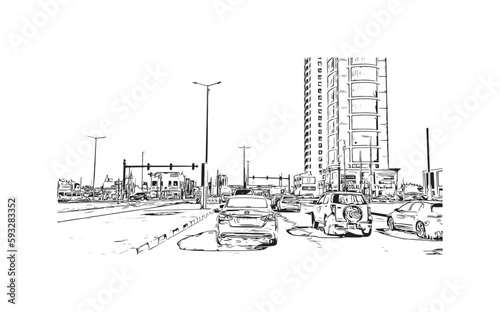 Building view with landmark of Ras Al Khaimah is the city in United Arab Emirates. Hand drawn sketch  illustration in vector.