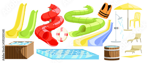 Set of water slides for waterpark or Aqua Park and swimming pool equipment. Beach items for amusement park. Hotel recreation colorful design elements isolated on white background. Vector illustration