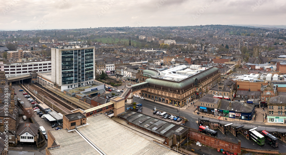 Aerial view of Harrogate train station and town centre