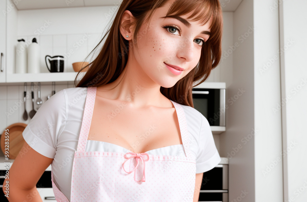 Maid. Portrait of beautiful young woman employee in apron on background of domestic kitchen. Generative AI.