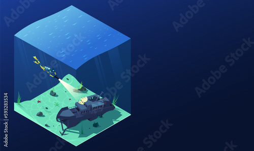 Diver swimming near sunken vessel. Man snorkeling deep under water and found wreck ship. Traveling, touristic sport activity, summer underwater hobby isometric design landing page. Vector illustration