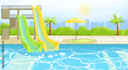 Hotel area with Water Park slides tube and pool. Empty poolside with umbrella. Outdoor activity in blue water swimming pool. Landscape on background. Luxury holidays poster. Flat vector illustration