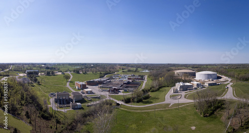 Drone view of water treatment plant for recycling gray water in mid west American city of Lexington, Kentucky