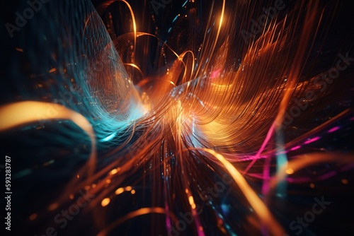 Abstract background fiber optics network cable with colorful rays and bokeh, Glowing fiber optic strings in dark background. Computer network and communication concept background, Generative AI