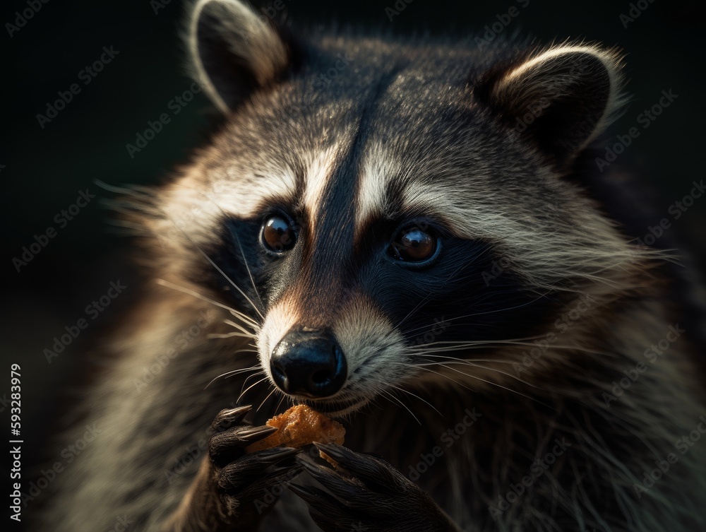 A curious and cunning raccoon caught in the act of stealing a snack