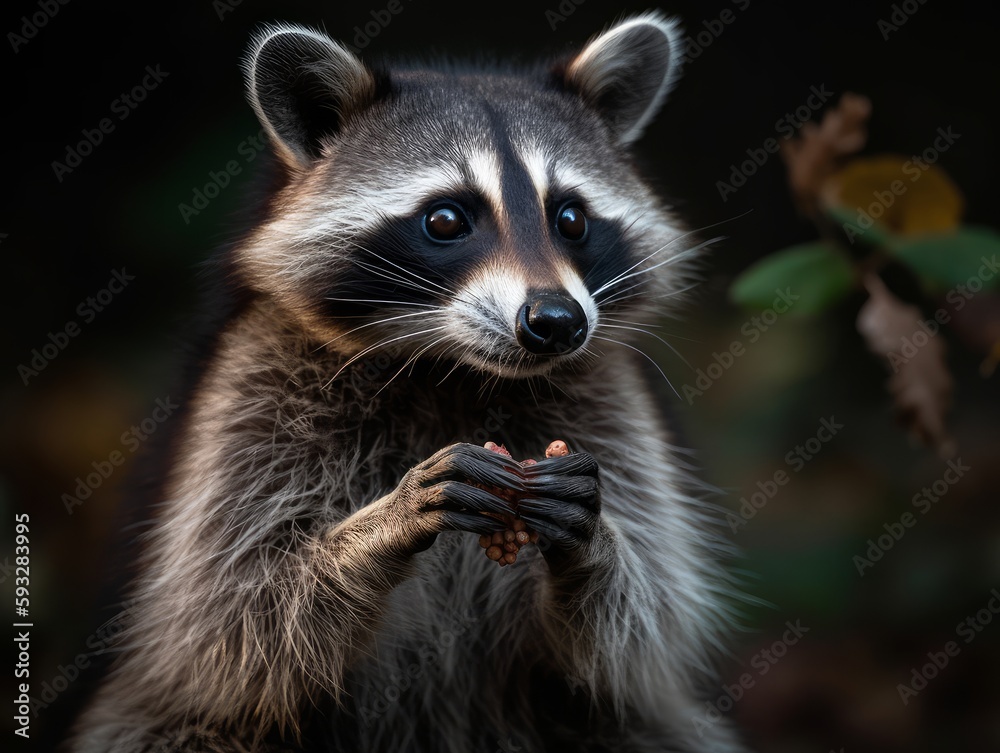 A curious and cunning raccoon caught in the act of stealing a snack