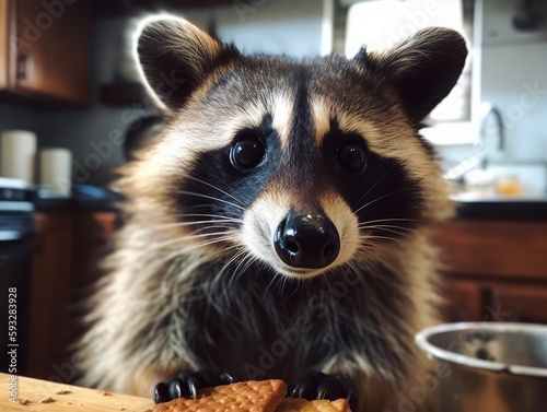 A curious and cunning raccoon caught in the act of stealing a snack