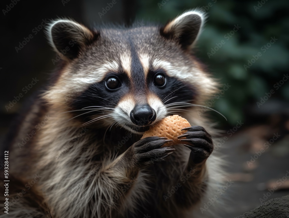 A curious and cunning raccoon caught in the act of stealing a snack