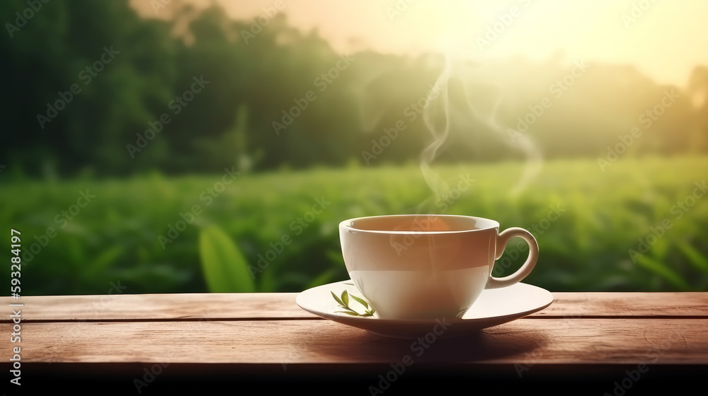 Tea cup on natural background. Illustration AI Generative.