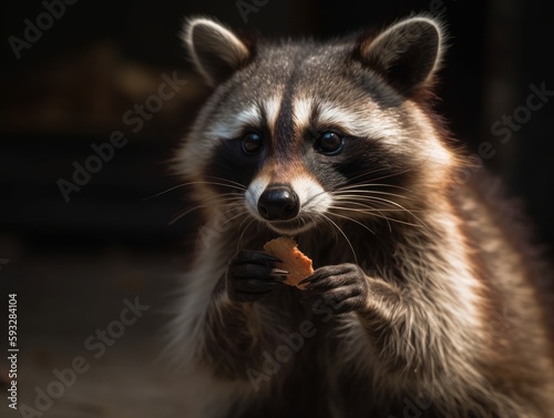 A curious and cunning raccoon caught in the act of stealing a snack