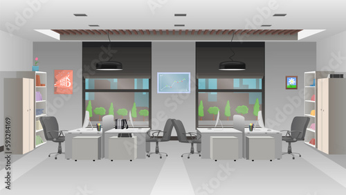 Empty office. Work place of commercial company. Modern minimalistic grey office interior design. Open space cabinet room with furniture. Indoor background with table and computer. Vector illustration