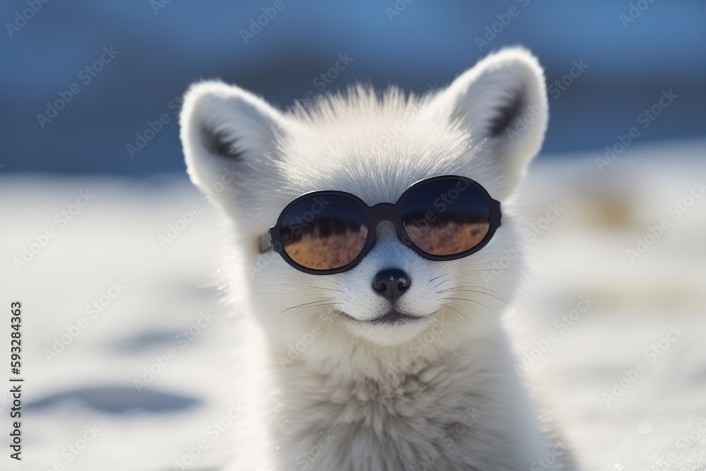 Fototapeta premium A snow fox with sunglasses, generative AI