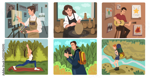 Set of colorful pictures with artistic hobbies. Cartoon style characters doing their favorite things. Happy man and women have relaxation in hobby. Active people: Artist, traveler. Vector illustration