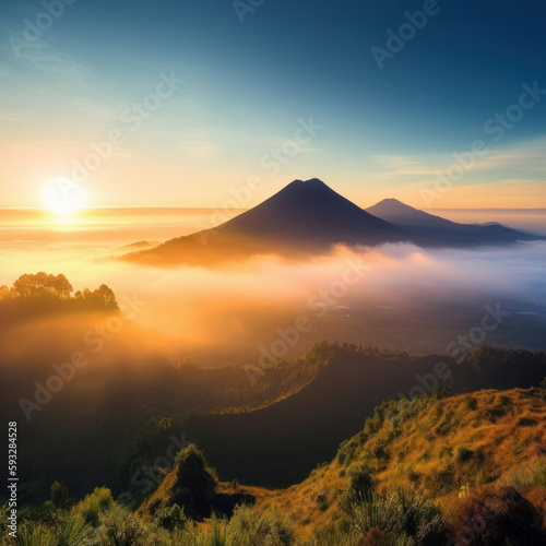 Morning light in volcano island mountain landscape Illustration AI Generative. photo
