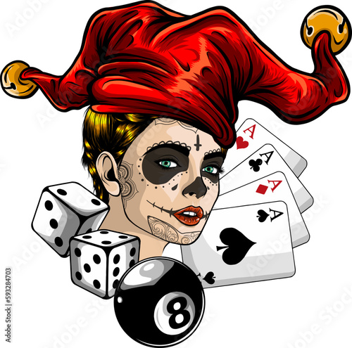 Pretty girl face with joker make-up in masquerade hat drawn in tattoo style. Vector illustration on white background