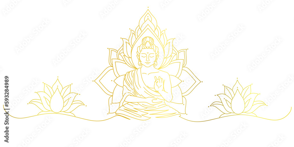 Buddha line art style vector with gold color, vesak day illustration - obrazy, fototapety, plakaty 