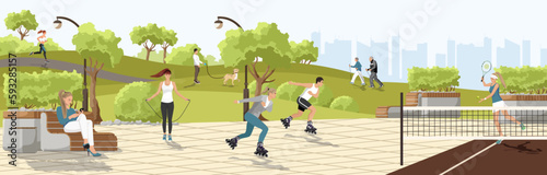 People walking and activity in City Park. Weekend in the cityscape. Woman playing tennis. Couple skating on rollers. Public place for recreation with green trees, bushes. Panoramic vector illustration
