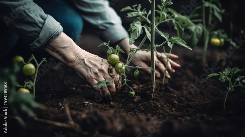 Woman planting tomato. Illustration AI Generative.