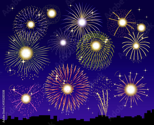 Set of colorful celebration festive fireworks for holiday, new year party, carnival, Independence day. Firework show in dark evening sky in cityscape. Pyrotechnics firecracker flat Vector illustration