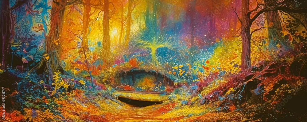 Psychedelic magical forest, hallucination landscape, vintage 60s style illustration, Generative AI