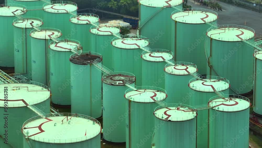 Stockvideon From an aerial view, an oil depot typically consists of a network of tanks