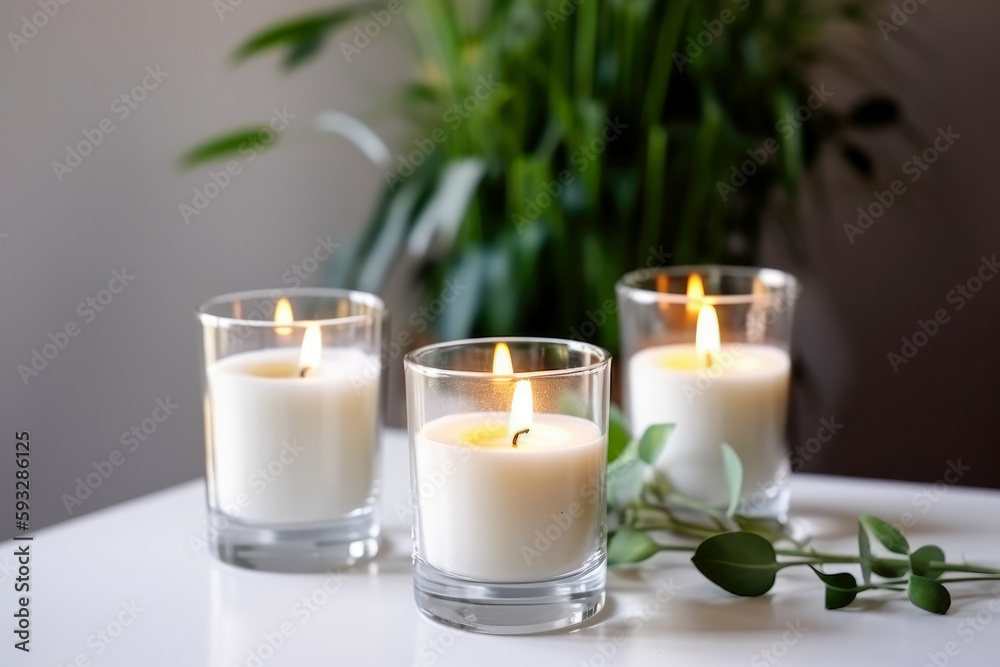 Burning candles in glass on a white surface with a green plant in the background, scented aromatic candle. High quality generative ai Burning candles in glass on a white surface with a green plant in the background, scented aromatic candle. High quality generative ai