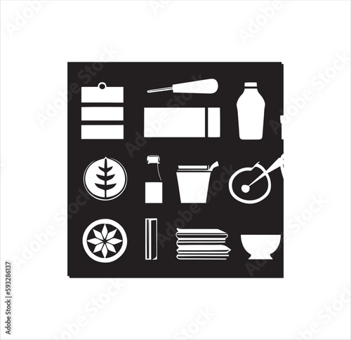 Icon set of daily necessary things white silhouette vector art.