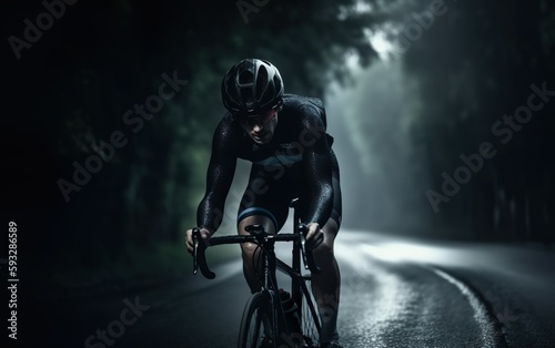 Professional road bike cyclist on a wet forest road during a dark rainy day. 