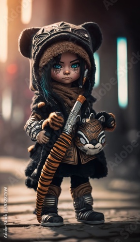 Cyber doll ninja girl in cosplay outfit with cyberpunk ears, modern toy for fashion kids. Created with AI.