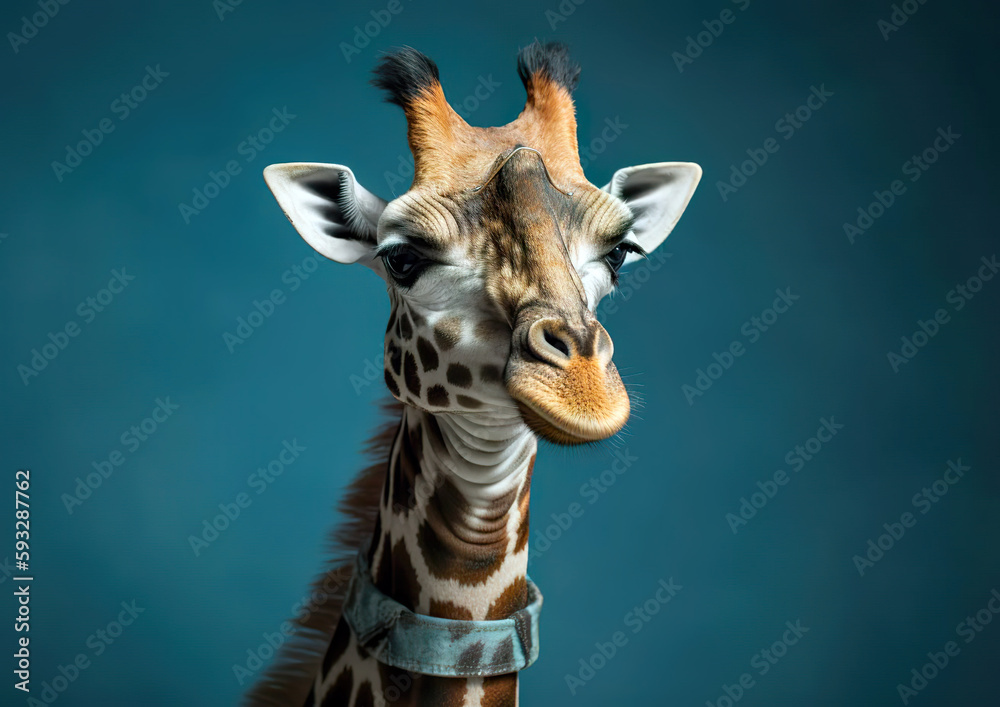 
Cool giraffe in the photo studio in front of the colorful background. Despite being in an unfamiliar environment, the animal feels good. AI generated illustration.