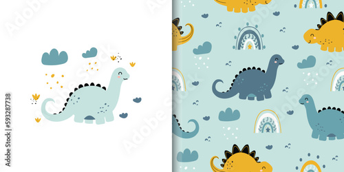 Seamless pattern with cute dinosaurs and rainbows on green background. Childish collection. Vector illustration design for fabrics, textile, wallpaper, wrapping © LindaAyu