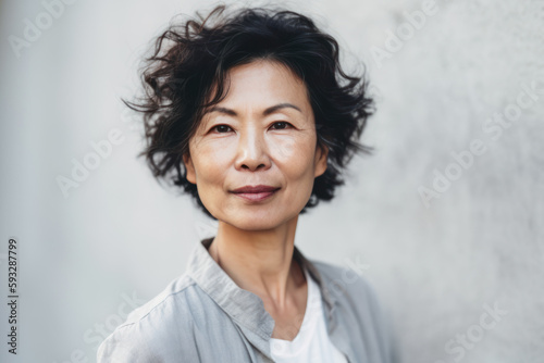 50 year old woman with curly hair standing in front of a wall. Generative AI.