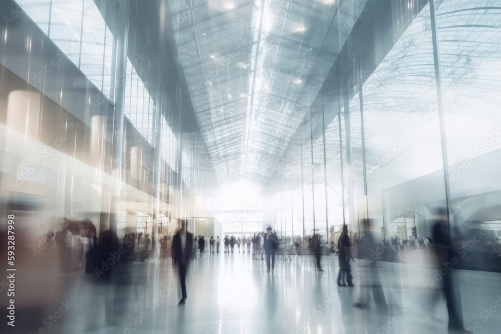 Background of an expo or convention with blurred individuals in an exposition hall. Concept image for a international exhibition, conference center, corporate marketing, or event fair. Generative ai Background of an expo or convention with blurred individuals in an exposition hall. Concept image for a international exhibition, conference center, corporate marketing, or event fair. Generative ai
