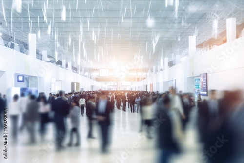 Background of an expo or convention with blurred individuals in an exposition hall. Concept image for a international exhibition, conference center, corporate marketing, or event fair. Generative ai photo