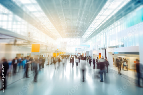 Background of an expo or convention with blurred individuals in an exposition hall. Concept image for a international exhibition, conference center, corporate marketing, or event fair. Generative ai