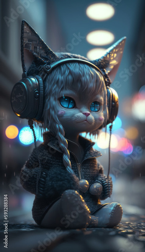 Cyber toy kitten with headphones in the night city in cyberpunk style, modern toy for fashionable kids. Created with AI.