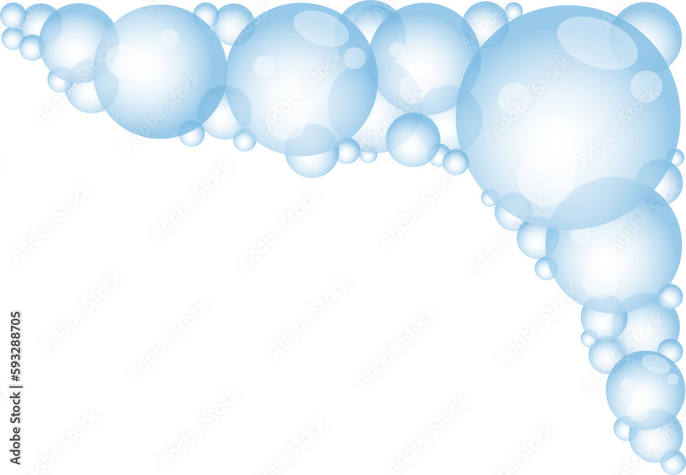 Cartoon soap foam with bubbles. Light blue suds of bath, shampoo, shaving, mousse.