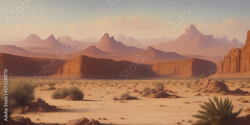 Desert landscape with trees, generative AI