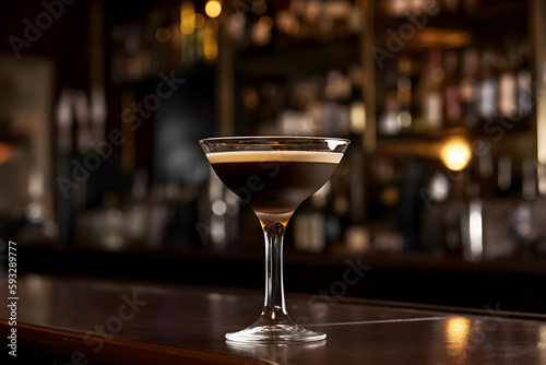 Espresso Martini Cocktail based on coffee, liqueur and vodka on a bar counter, copy space for text. Served in an elegant martini glass, restaurant atmosphere. Generative AI © Alina