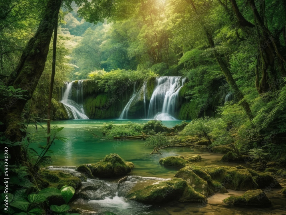 A lush green forest with a stunning waterfall as the centerpiece A lush green forest with a stunning waterfall as the centerpiece