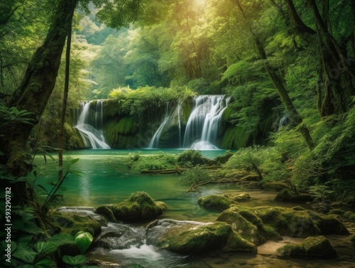 A lush green forest with a stunning waterfall as the centerpiece