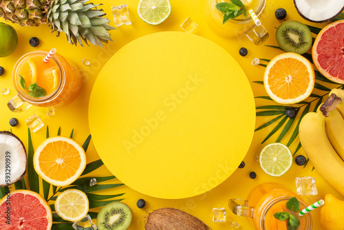 Stylish flat lay photo of a citrus fruit-filled drink in a glass jar surrounded by lush palm leaves is perfect for summer marketing campaign, set on a yellow background with an empty circle for text