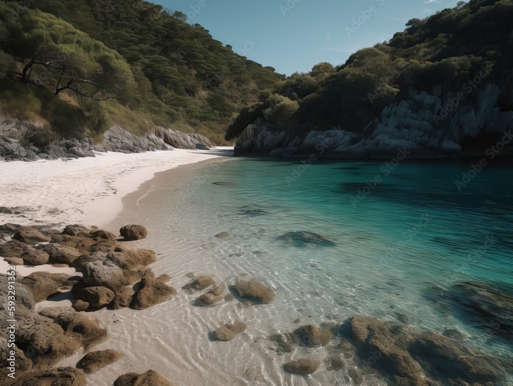 A pristine beach with crystal clear water and no one in sight A pristine beach with crystal clear water and no one in sight