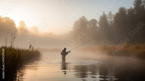 Man fly fishing in fog Illustration AI Generative. © olegganko