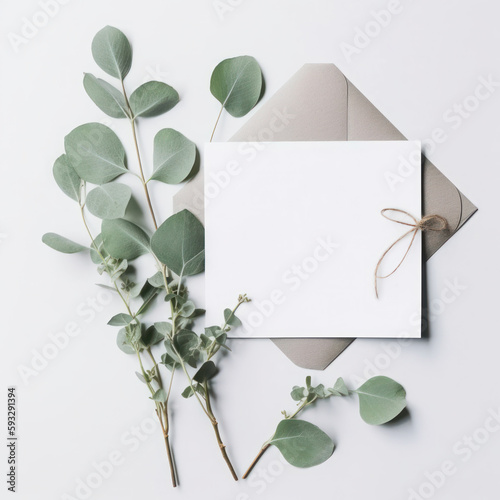 White card mockup with green leaves. Illustration AI Generative.