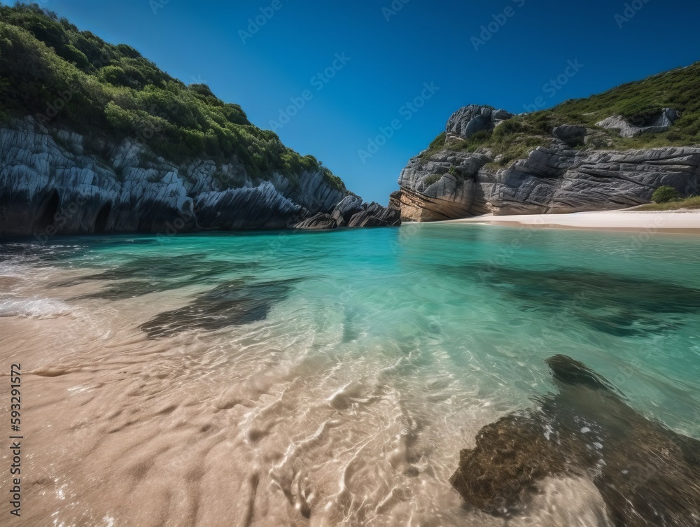 A pristine beach with crystal clear water and no one in sight