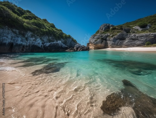 A pristine beach with crystal clear water and no one in sight