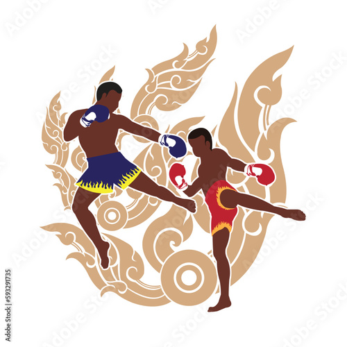 Fighting Action of Thai boxing and thai art background